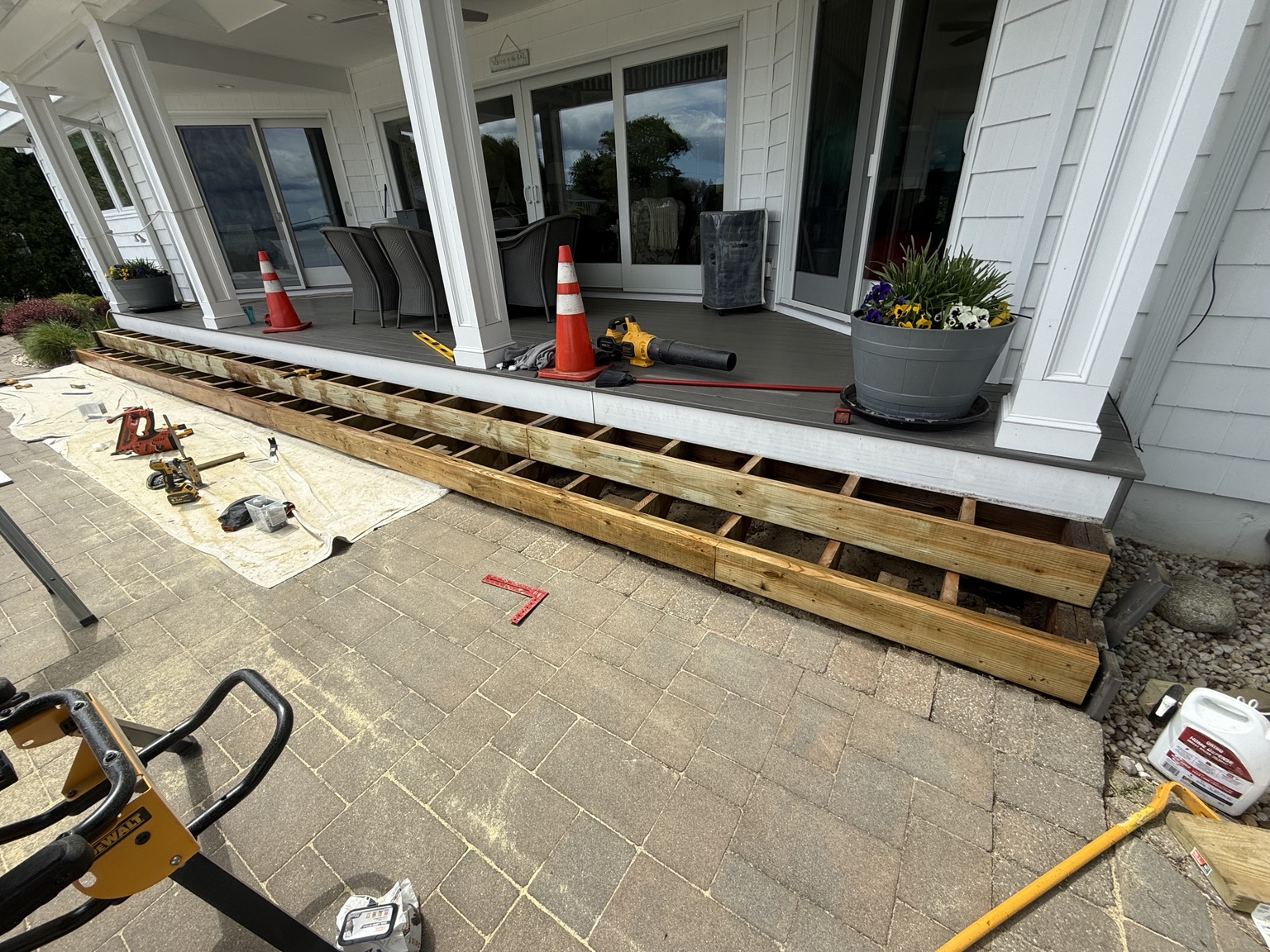 Porch framing in progress wide view